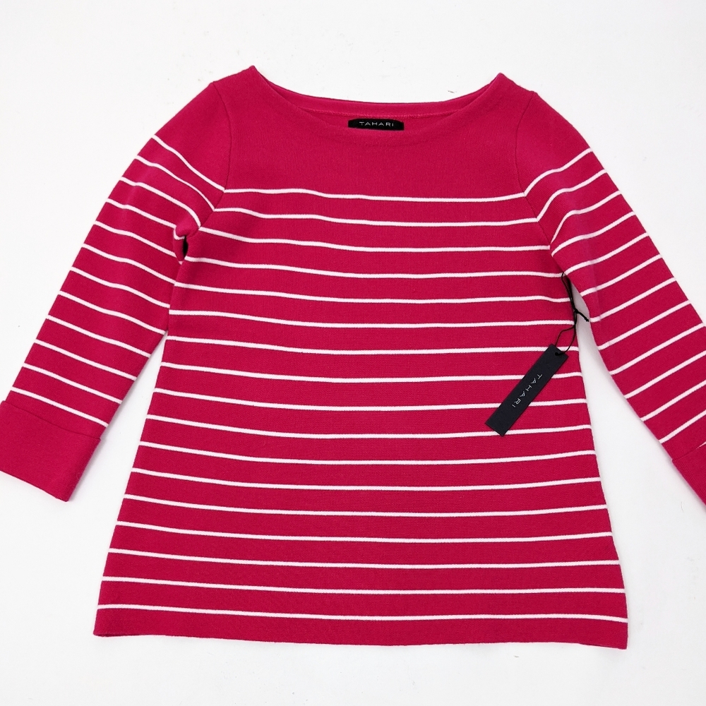 Tahari Sweater NWT Boatneck Stripe Sweater XS Fuschia Pink 3/4 Sleeve - Picture 3 of 7